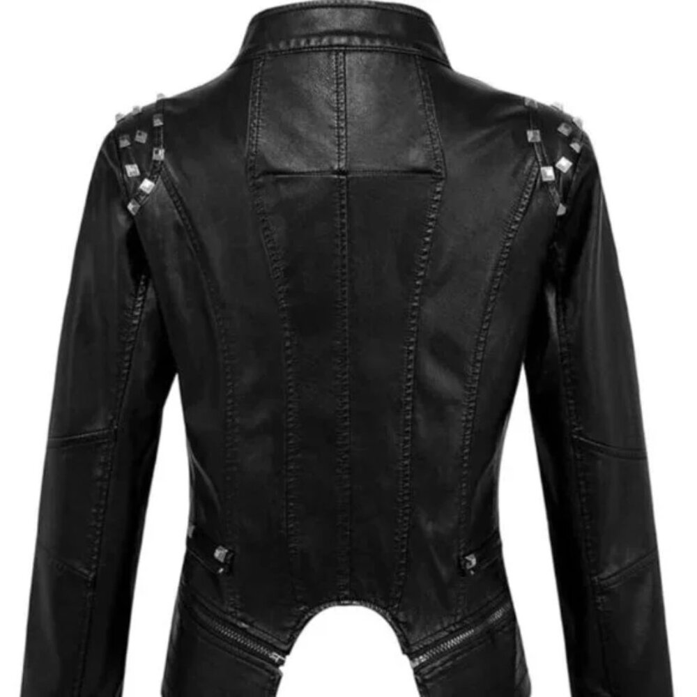 Moto Studded Lapel Front Zip Vegan Leather Biker Jacket - Picture 2 of 2